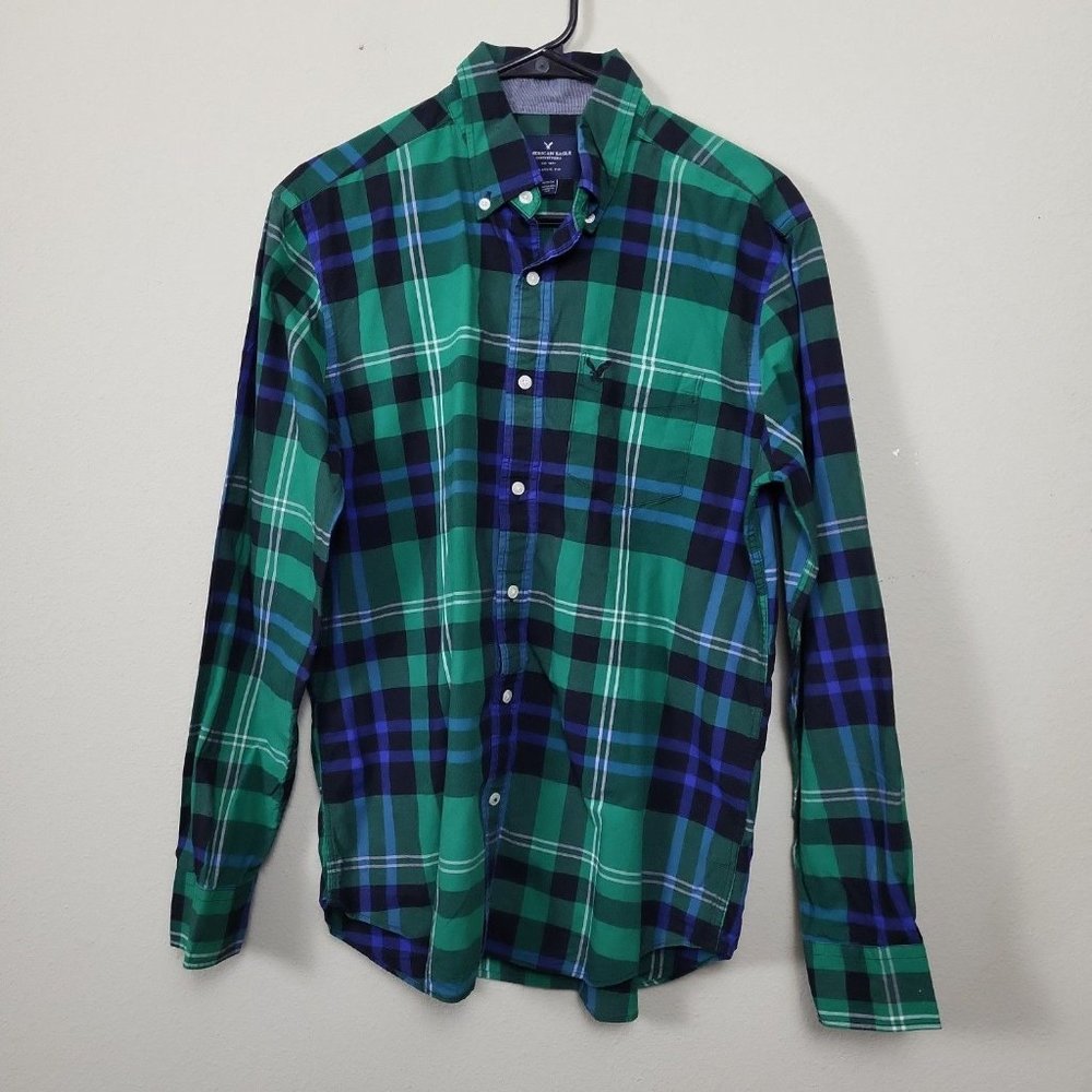 American‎ Eagle Men's M Long Sleeve Button Up Blue Green Checkered Plaid Classic